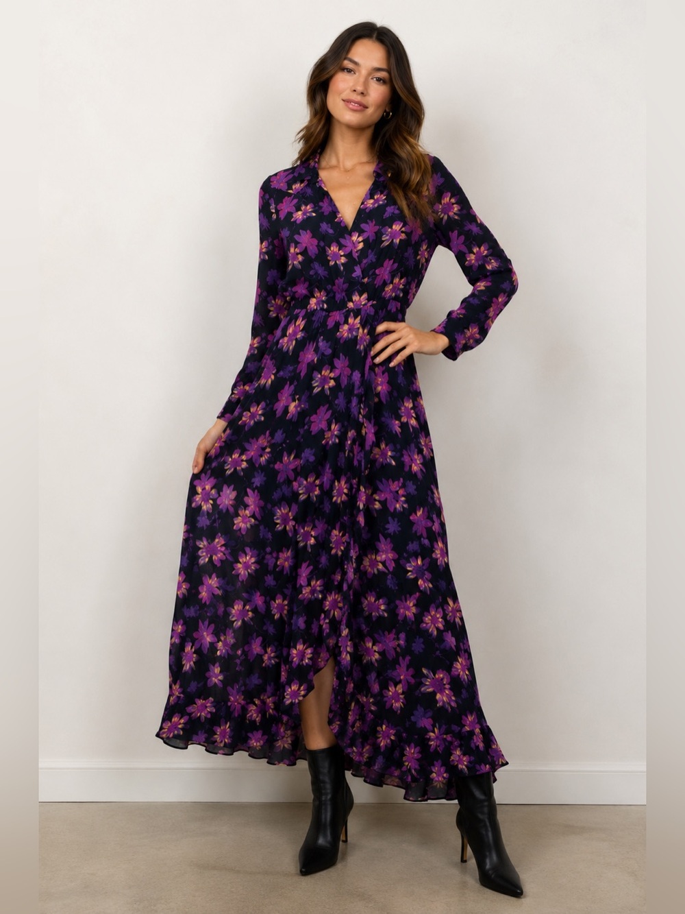 Maje Paris Floral Midi Maxi Dress Size 1/S Purple Pink Button Front Long‎ Sleeve